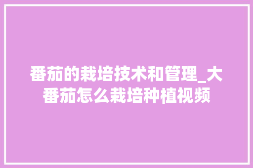 番茄的栽培技术和管理_大番茄怎么栽培种植视频