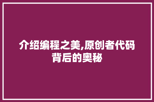 介绍编程之美,原创者代码背后的奥秘