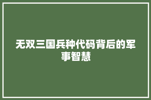 无双三国兵种代码背后的军事智慧